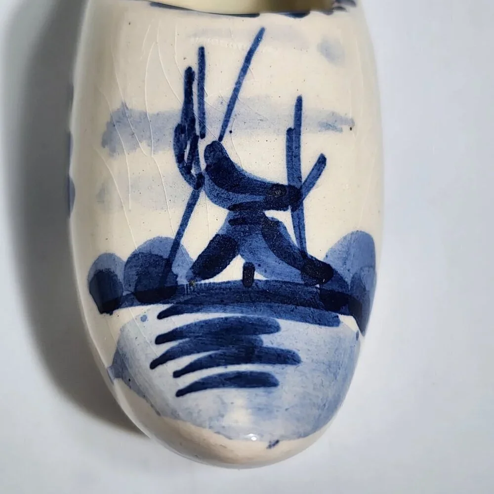 Vintage Delft Blue Cream and-Painted Ceramic Dutch Clog Shoe Figurine